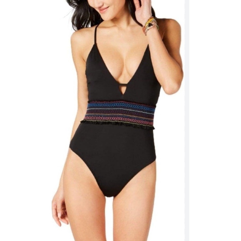 Bar III Smocked Plunging One Piece Swimsuit Black S Rainbow Embroidered